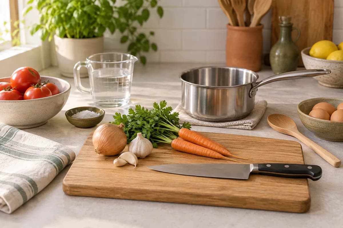 Tabla, cuchillo, cacerola e ingredientes básicos ordenados para cocinar